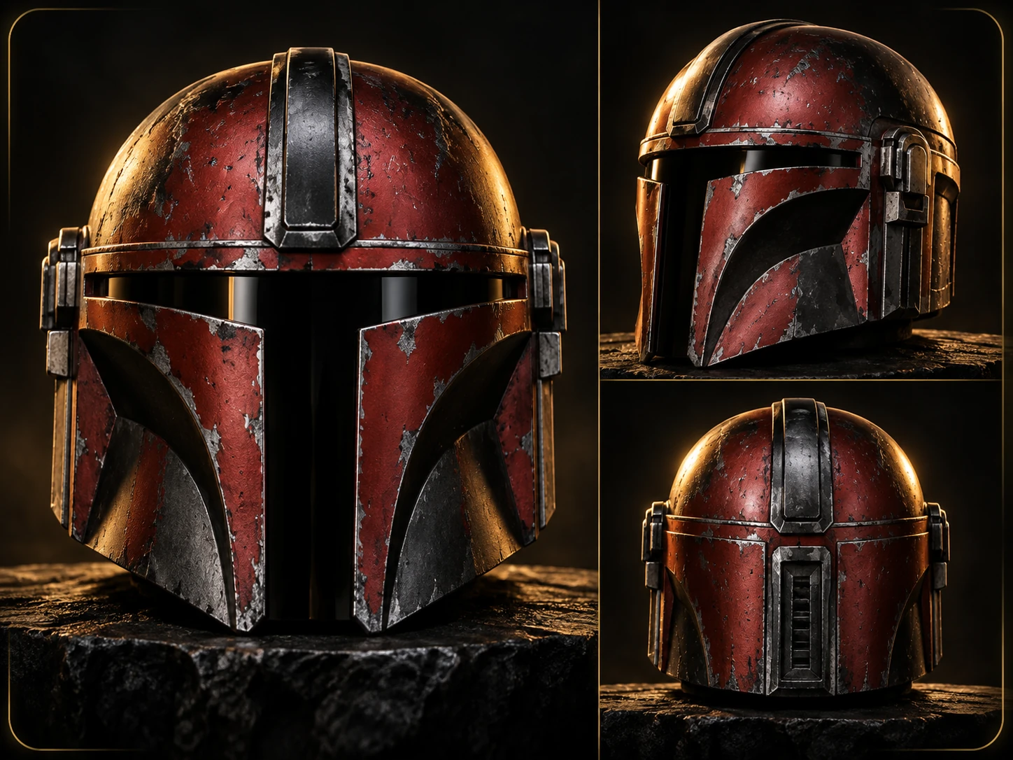 Red and black Mandalorian style helmet