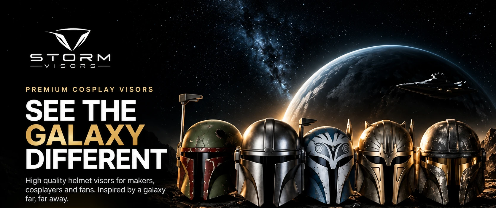 Storm Visors galaxy helmet lineup in black and gold lighting